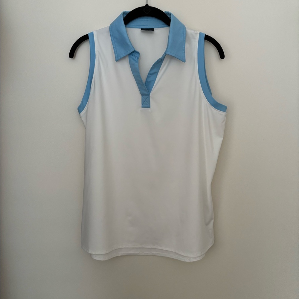 Belyn Key White Sleeveless Polo Camisole with Light Blue Trim